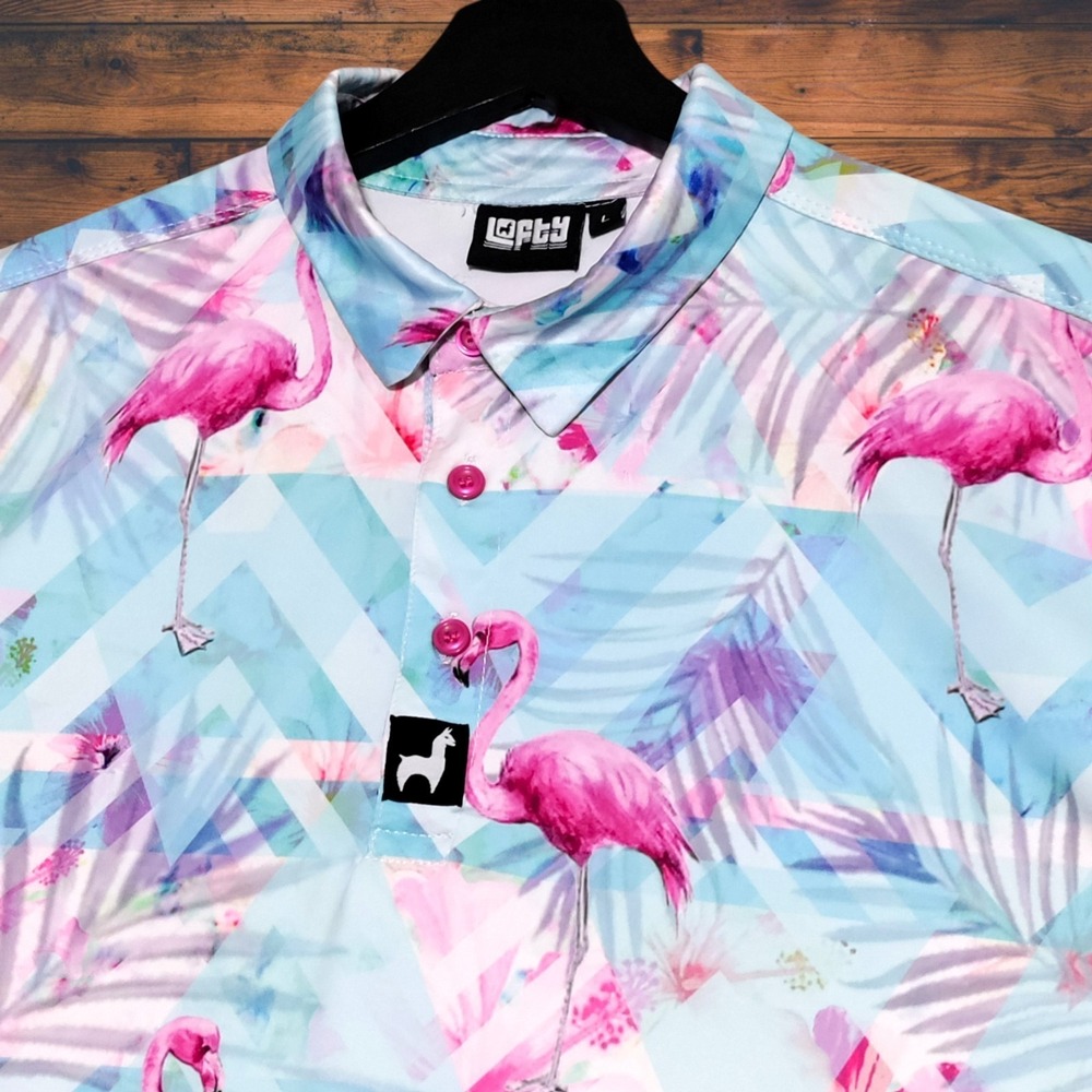 Lofty Llama Golf Polo Shirt Mens Large Blue Geometric Flamingo‎ Colorful Stretch